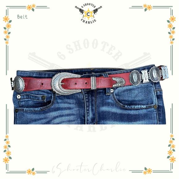 Justin VTG Concho Link Belt Womens Red Leather Silver Tone Western 532RD 37" - Picture 1 of 6